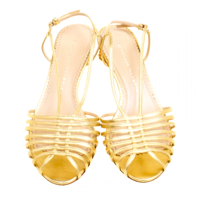 Pre Owned Charlotte Olympia Metallic Gold Leather Shelly Faux Pearl Embellished Heel Slingback Sandals Size 39