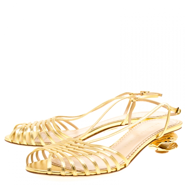 Pre Owned Charlotte Olympia Metallic Gold Leather Shelly Faux Pearl Embellished Heel Slingback Sandals Size 39
