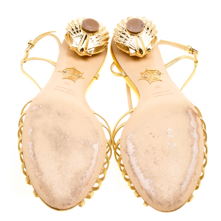 Pre Owned Charlotte Olympia Metallic Gold Leather Shelly Faux Pearl Embellished Heel Slingback Sandals Size 39