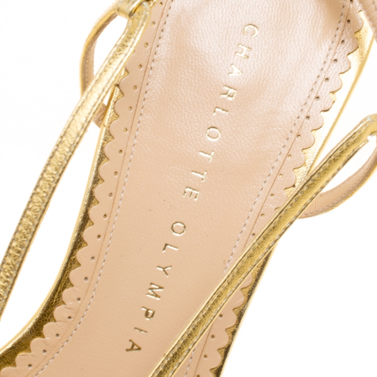 Pre Owned Charlotte Olympia Metallic Gold Leather Shelly Faux Pearl Embellished Heel Slingback Sandals Size 39