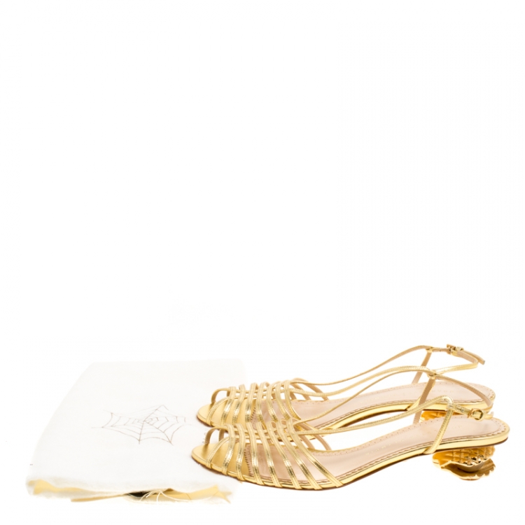 Pre Owned Charlotte Olympia Metallic Gold Leather Shelly Faux Pearl Embellished Heel Slingback Sandals Size 39