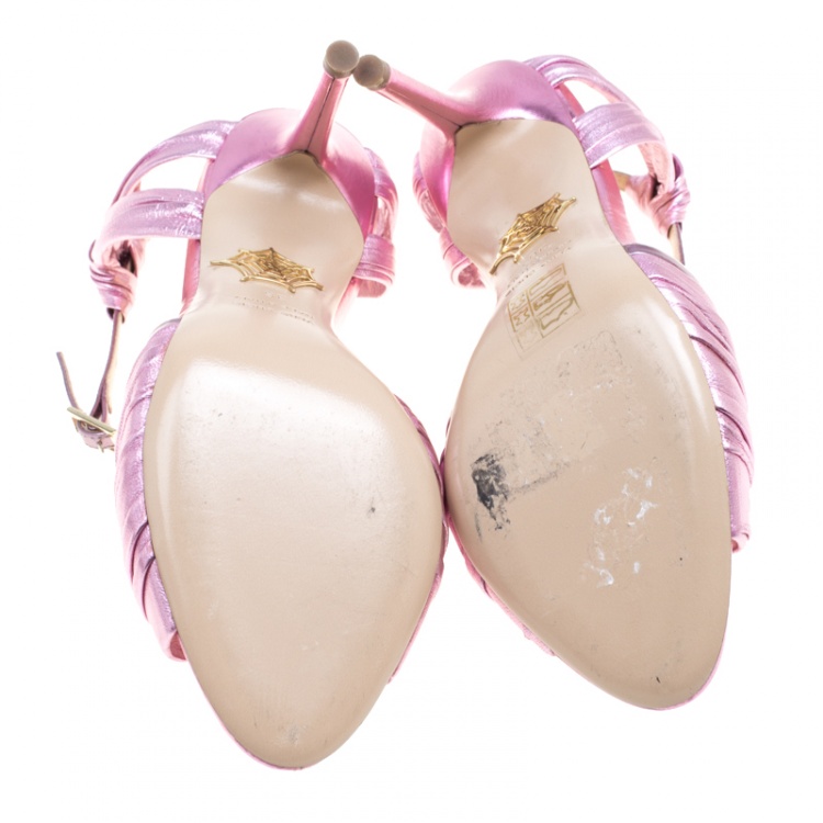 Pre Owned Charlotte Olympia Metallic Pink Ruched Leather Broadway Ankle Strap Sandals Size 36