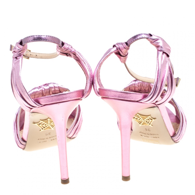 Pre Owned Charlotte Olympia Metallic Pink Ruched Leather Broadway Ankle Strap Sandals Size 36