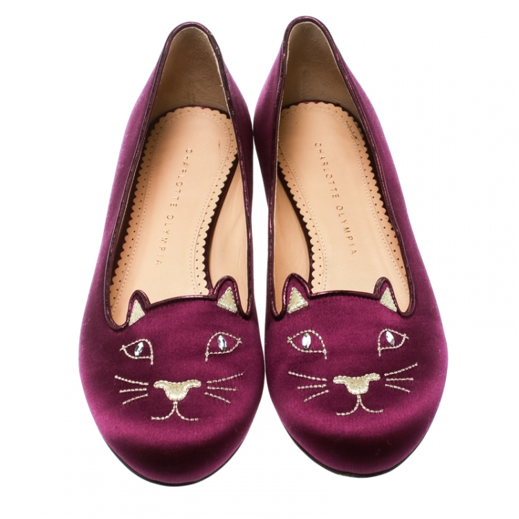Pre Owned Charlotte Olympia Purple Satin Kitty Flats Size 39
