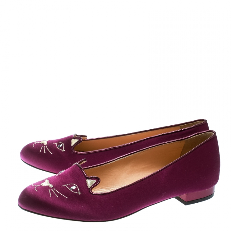 Pre Owned Charlotte Olympia Purple Satin Kitty Flats Size 39