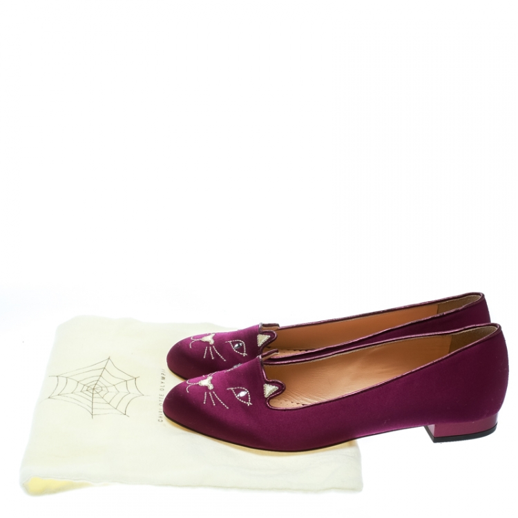 Pre Owned Charlotte Olympia Purple Satin Kitty Flats Size 39