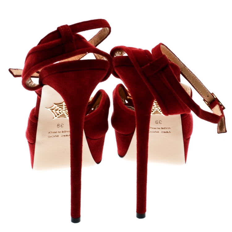 Pre Owned Charlotte Olympia Red Suede Orbital Pomeline Peep Toe Ankle Strap Sandals Size 39
