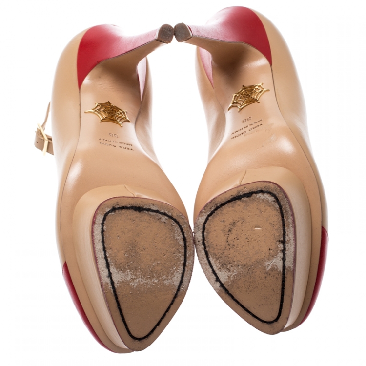 Pre Owned Charlotte Olympia Beige Leather Kiss Me Dolores Lips Appliquè Ankle Strap Platform Pumps Size 38
