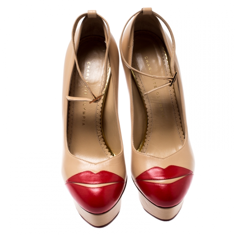 Pre Owned Charlotte Olympia Beige Leather Kiss Me Dolores Lips Appliquè Ankle Strap Platform Pumps Size 38