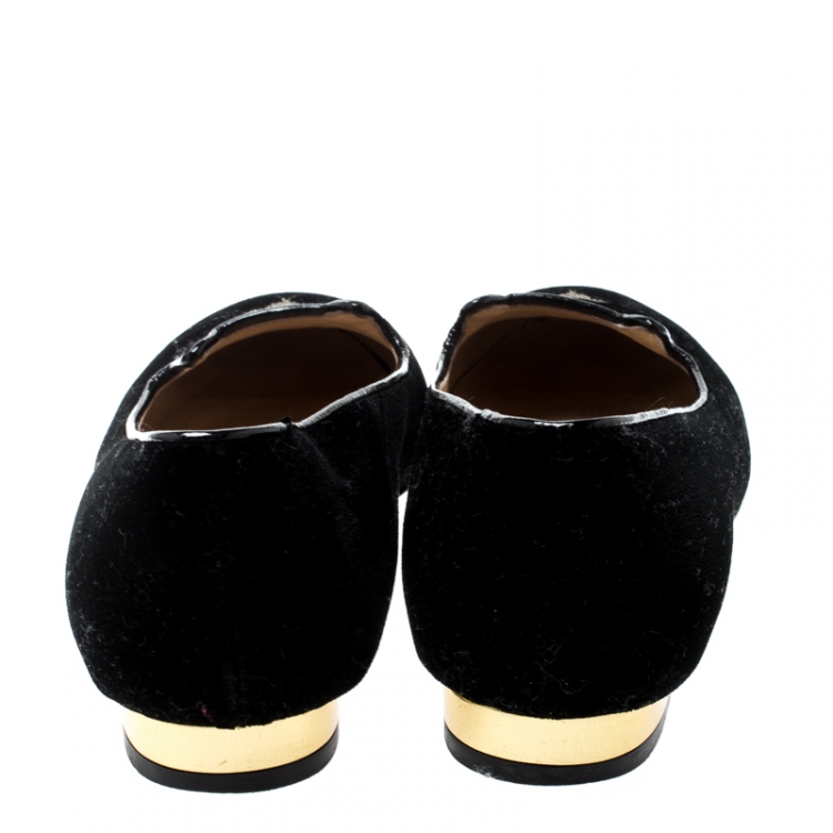 Pre Owned Charlotte Olympia Black Velvet Kitty Smoking Slippers Size 36.5