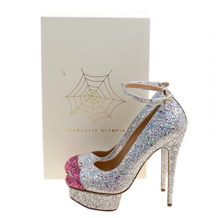 Pre Owned Charlotte Olympia Silver Coarse Glitter Kiss Me Dolores! Ankle Strap Platform Pumps Size 40