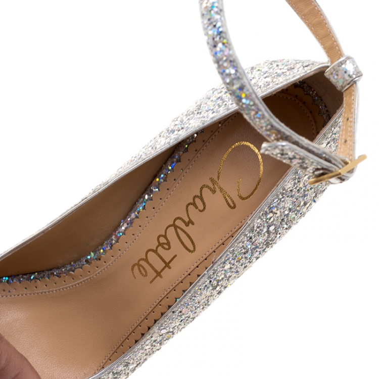 Pre Owned Charlotte Olympia Silver Coarse Glitter Kiss Me Dolores! Ankle Strap Platform Pumps Size 40