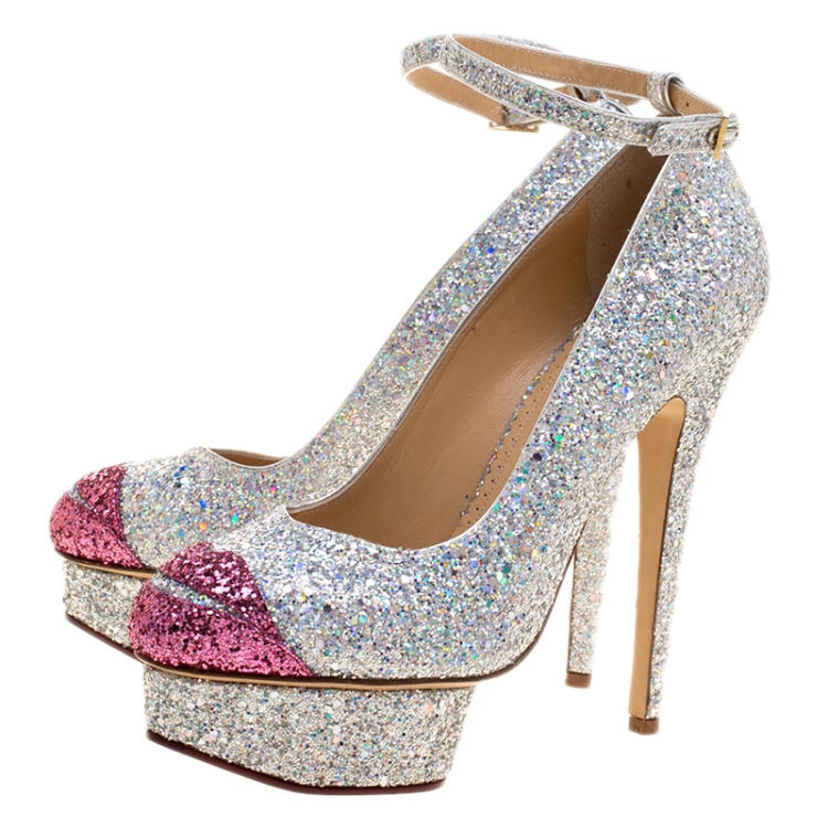Pre Owned Charlotte Olympia Silver Coarse Glitter Kiss Me Dolores! Ankle Strap Platform Pumps Size 40
