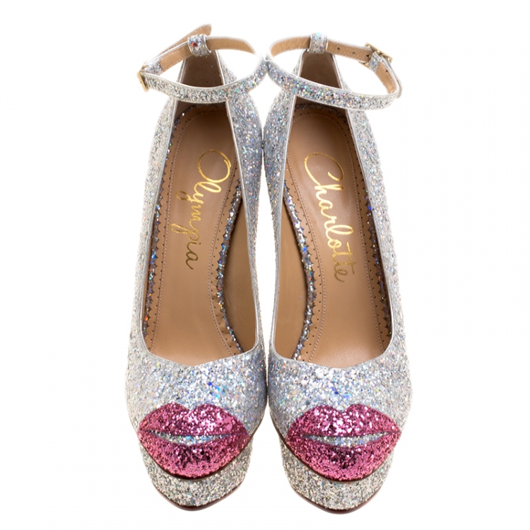 Pre Owned Charlotte Olympia Silver Coarse Glitter Kiss Me Dolores! Ankle Strap Platform Pumps Size 40