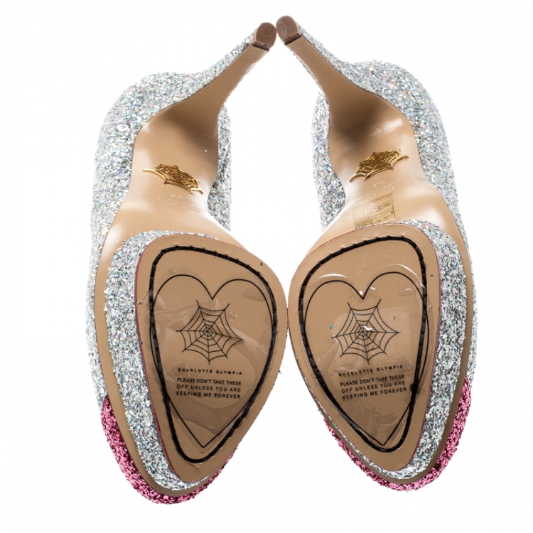 Pre Owned Charlotte Olympia Silver Coarse Glitter Kiss Me Dolores! Ankle Strap Platform Pumps Size 40