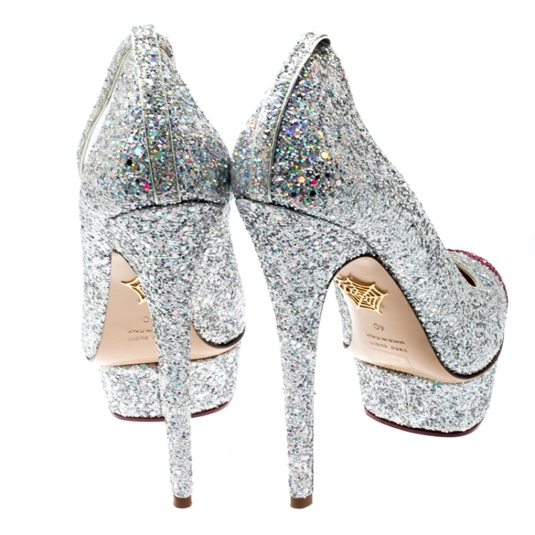 Pre Owned Charlotte Olympia Silver Coarse Glitter Kiss Me Dolores! Ankle Strap Platform Pumps Size 40