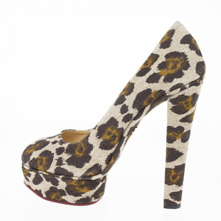 Pre Owned Charlotte Olympia Greta Leopard Print Canvas Platform Pumps Size 41