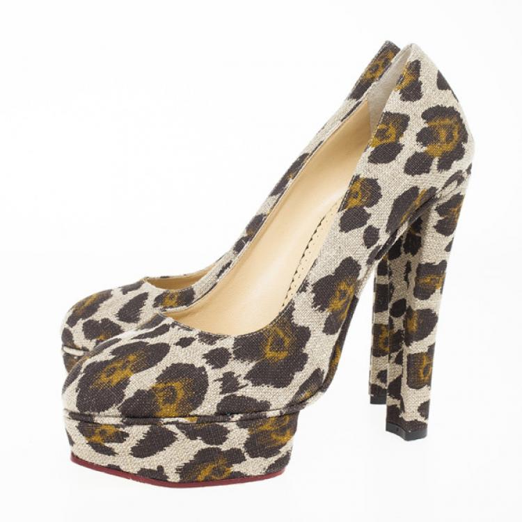 Pre Owned Charlotte Olympia Greta Leopard Print Canvas Platform Pumps Size 41