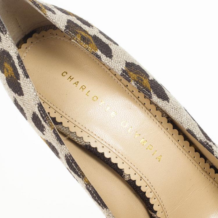 Pre Owned Charlotte Olympia Greta Leopard Print Canvas Platform Pumps Size 41