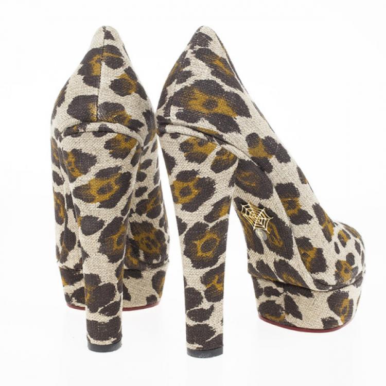 Pre Owned Charlotte Olympia Greta Leopard Print Canvas Platform Pumps Size 41
