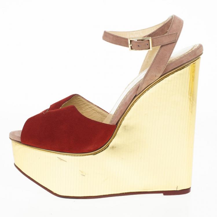 Pre Owned Charlotte Olympia Red Suede Pucker Up Platform Ankle Strap Wedge Sandals Size 40 