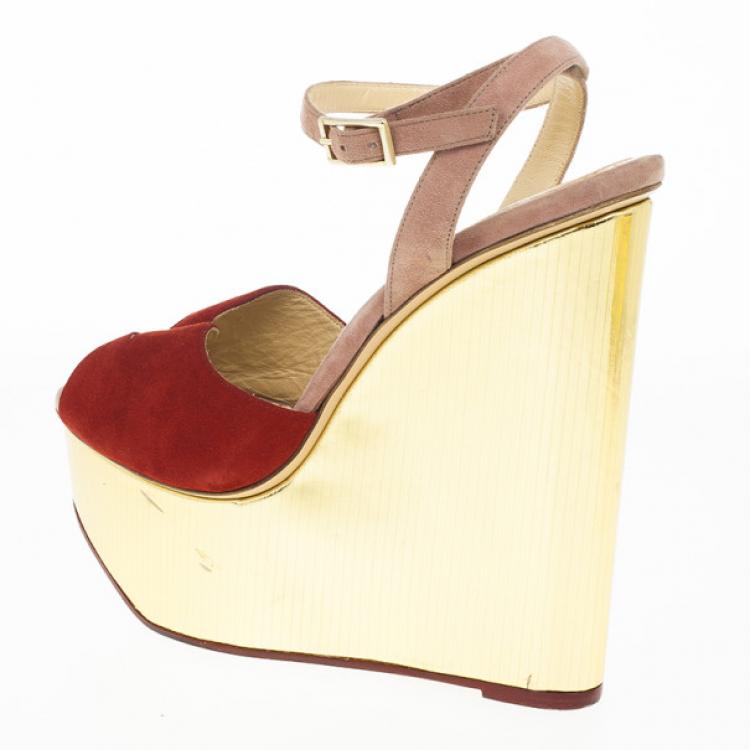 Pre Owned Charlotte Olympia Red Suede Pucker Up Platform Ankle Strap Wedge Sandals Size 40 