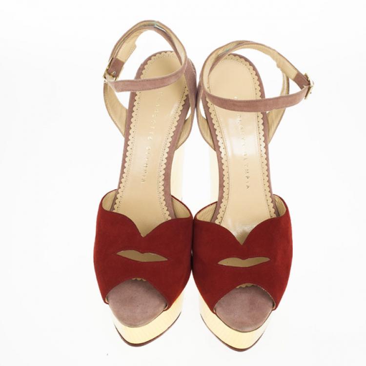 Pre Owned Charlotte Olympia Red Suede Pucker Up Platform Ankle Strap Wedge Sandals Size 40 