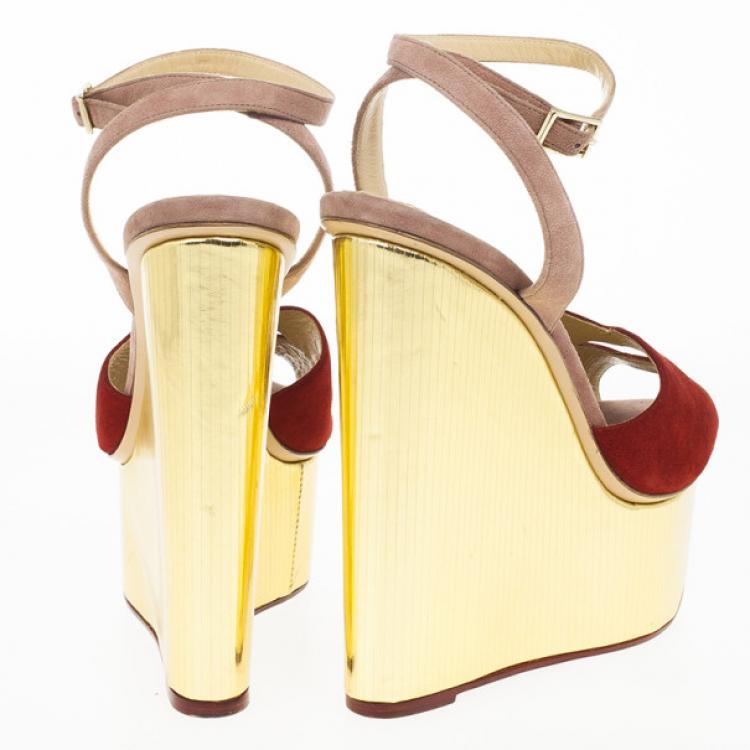 Pre Owned Charlotte Olympia Red Suede Pucker Up Platform Ankle Strap Wedge Sandals Size 40 