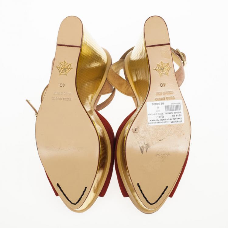 Pre Owned Charlotte Olympia Red Suede Pucker Up Platform Ankle Strap Wedge Sandals Size 40 