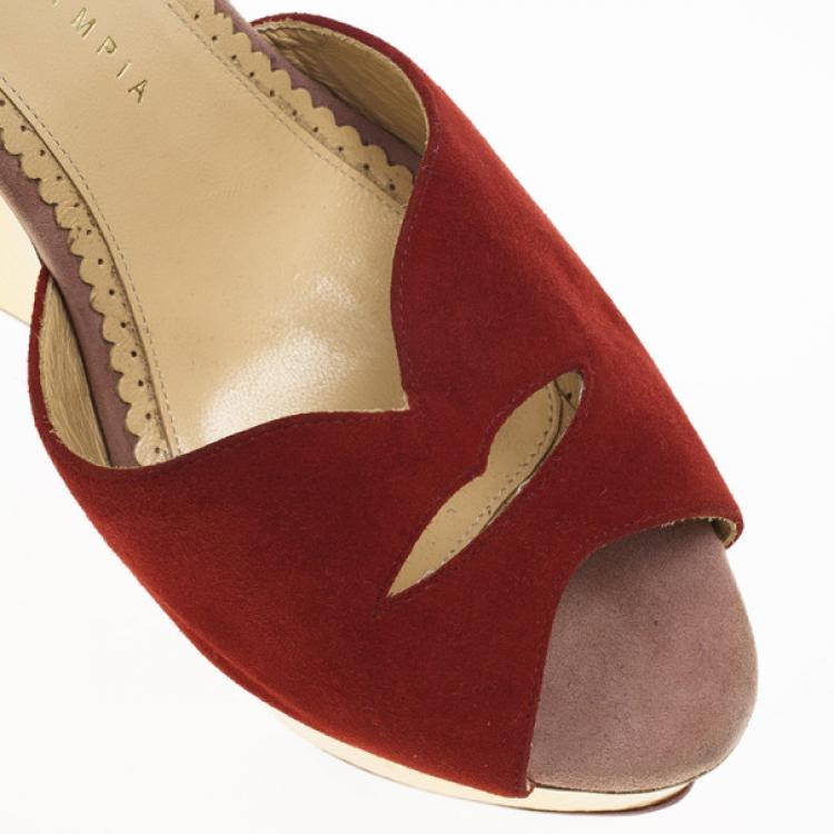 Pre Owned Charlotte Olympia Red Suede Pucker Up Platform Ankle Strap Wedge Sandals Size 40 
