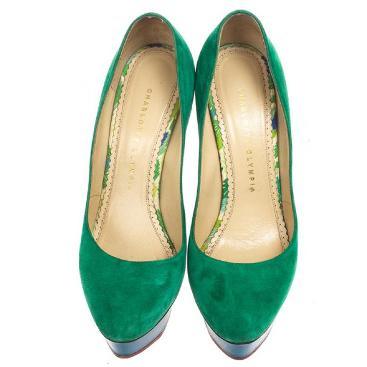Pre Owned Charlotte Olympia Green Suede Dolly Platform Pumps Size 38