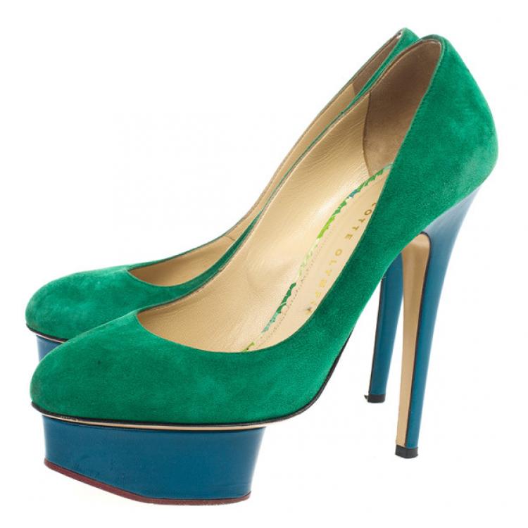 Pre Owned Charlotte Olympia Green Suede Dolly Platform Pumps Size 38