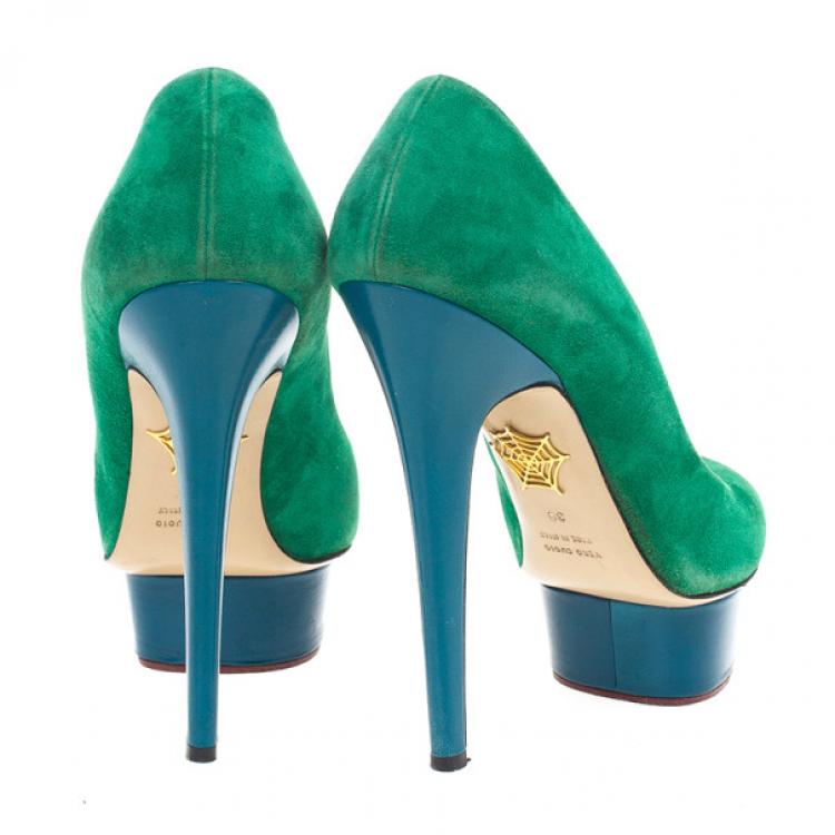 Pre Owned Charlotte Olympia Green Suede Dolly Platform Pumps Size 38