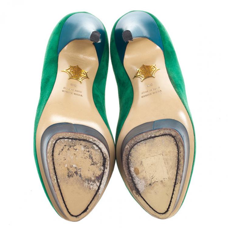 Pre Owned Charlotte Olympia Green Suede Dolly Platform Pumps Size 38