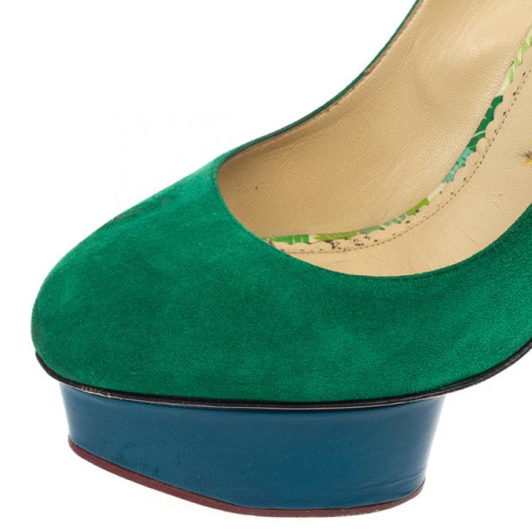 Pre Owned Charlotte Olympia Green Suede Dolly Platform Pumps Size 38