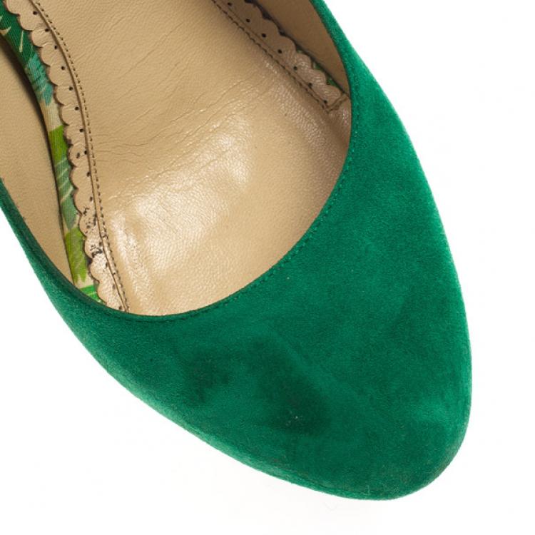 Pre Owned Charlotte Olympia Green Suede Dolly Platform Pumps Size 38
