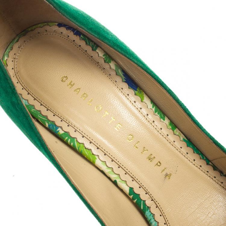 Pre Owned Charlotte Olympia Green Suede Dolly Platform Pumps Size 38