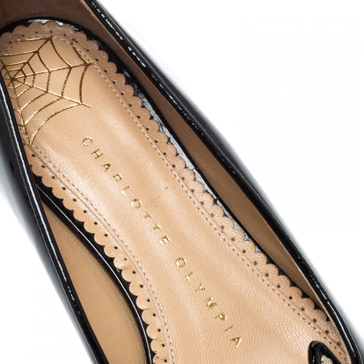Pre Owned Charlotte Olympia Black Patent Leather Mid Century Kitty Ballet Flats Size 35