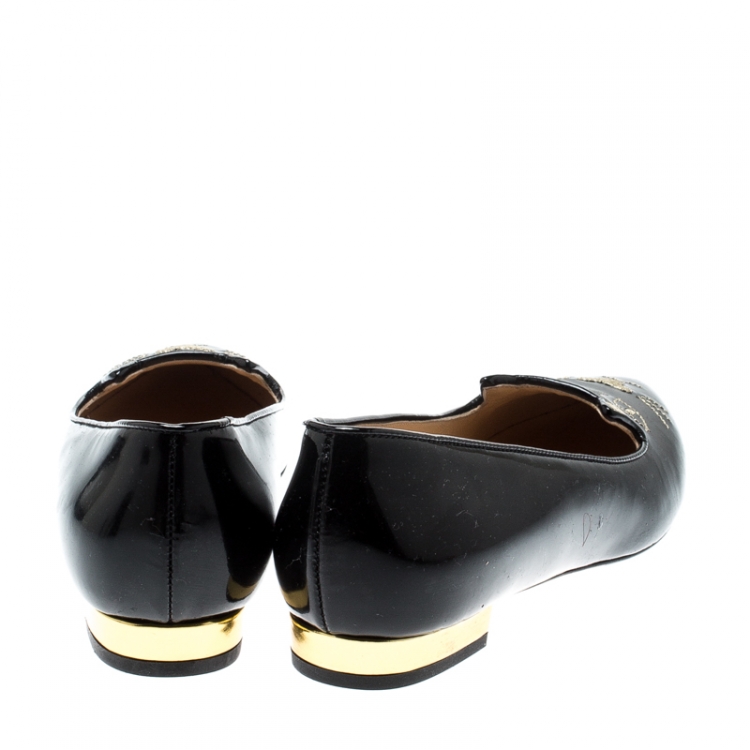 Pre Owned Charlotte Olympia Black Patent Leather Mid Century Kitty Ballet Flats Size 35