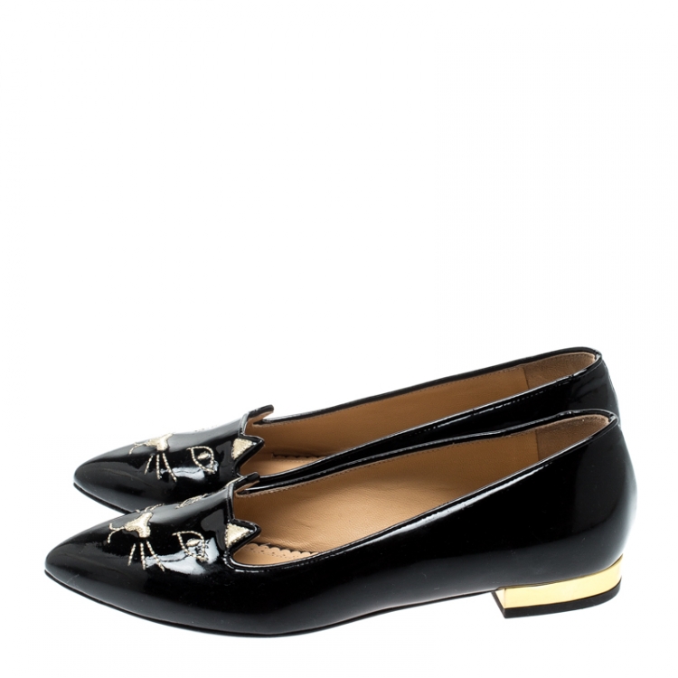 Pre Owned Charlotte Olympia Black Patent Leather Mid Century Kitty Ballet Flats Size 35
