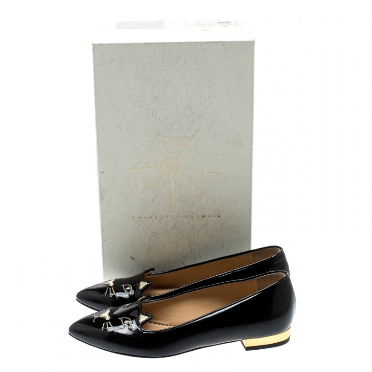 Pre Owned Charlotte Olympia Black Patent Leather Mid Century Kitty Ballet Flats Size 35