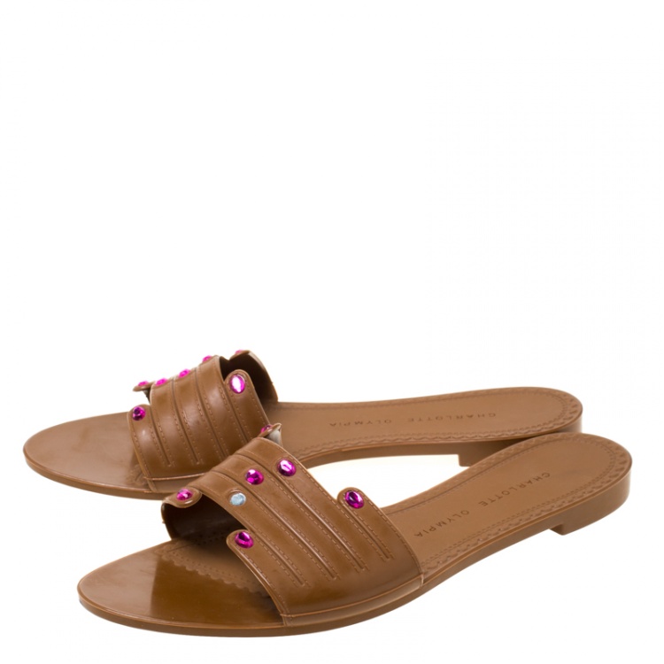 Pre Owned Charlotte Olympia Brown Rubber Manipedi Flat Slides Size 37