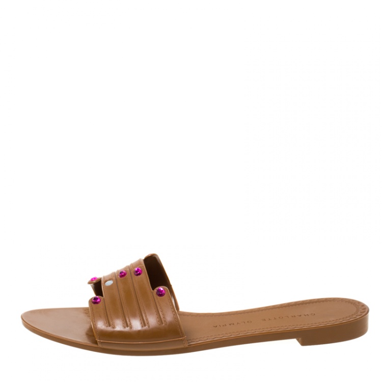 Pre Owned Charlotte Olympia Brown Rubber Manipedi Flat Slides Size 37