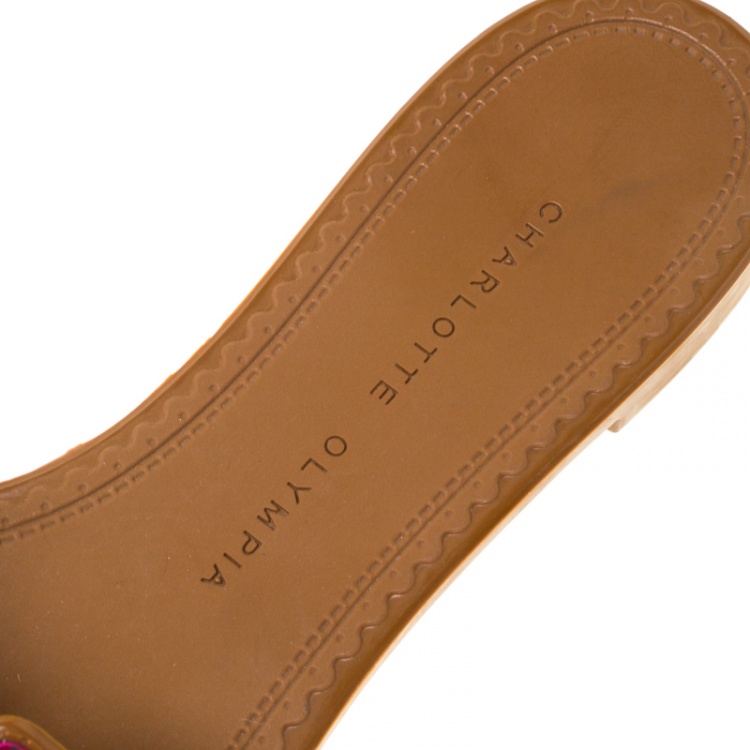 Pre Owned Charlotte Olympia Brown Rubber Manipedi Flat Slides Size 37