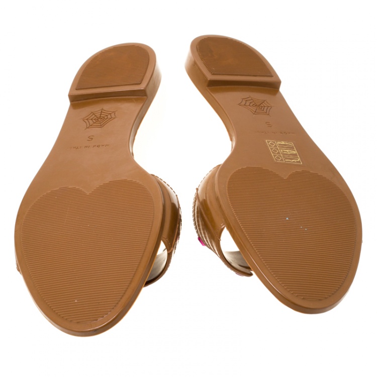 Pre Owned Charlotte Olympia Brown Rubber Manipedi Flat Slides Size 37
