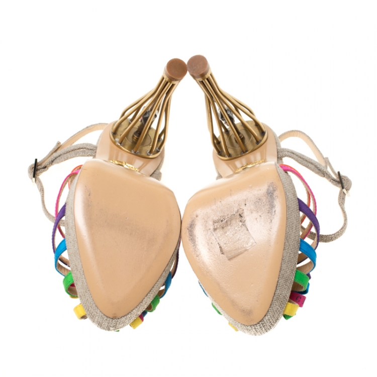 Pre Owned Charlotte Olympia Multicolor Satin And Jute Birds of Paradise Strappy Platform Sandals Size 38
