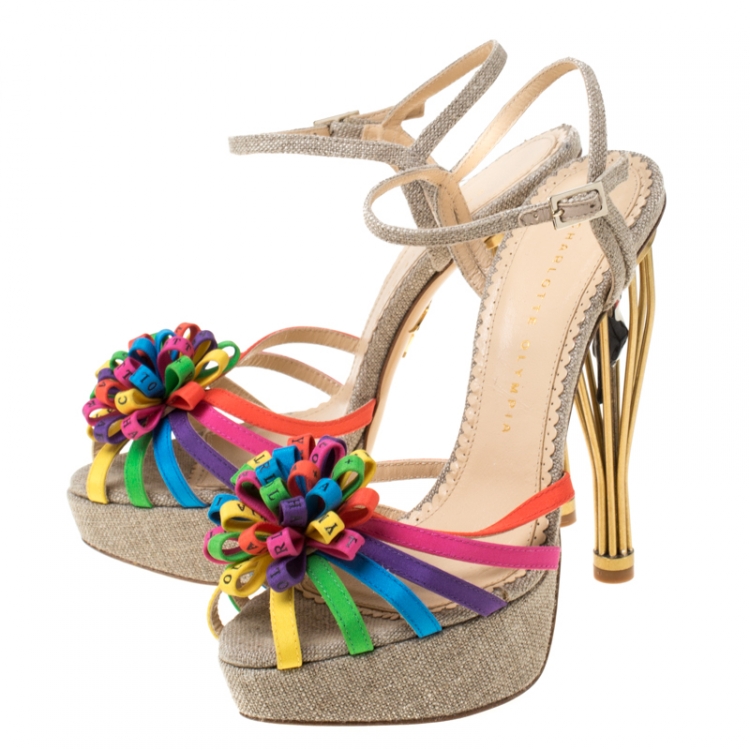 Pre Owned Charlotte Olympia Multicolor Satin And Jute Birds of Paradise Strappy Platform Sandals Size 38