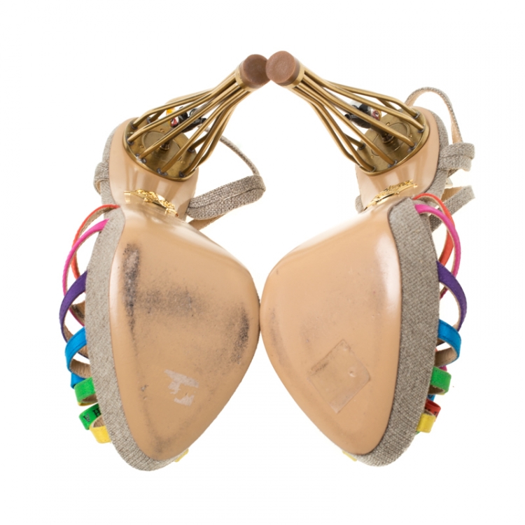 Pre Owned Charlotte Olympia Multicolor Satin And Jute Birds of Paradise Strappy Platform Sandals Size 38