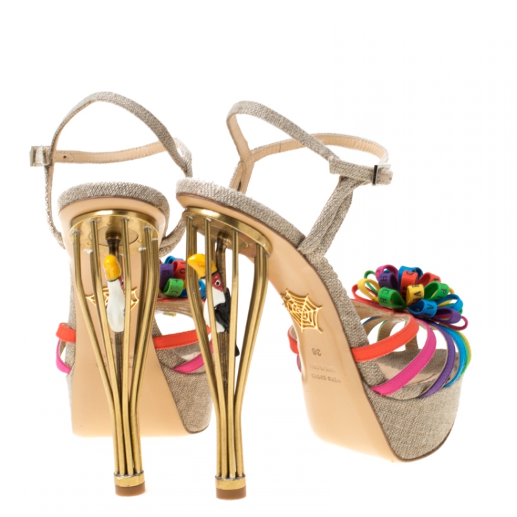 Pre Owned Charlotte Olympia Multicolor Satin And Jute Birds of Paradise Strappy Platform Sandals Size 38