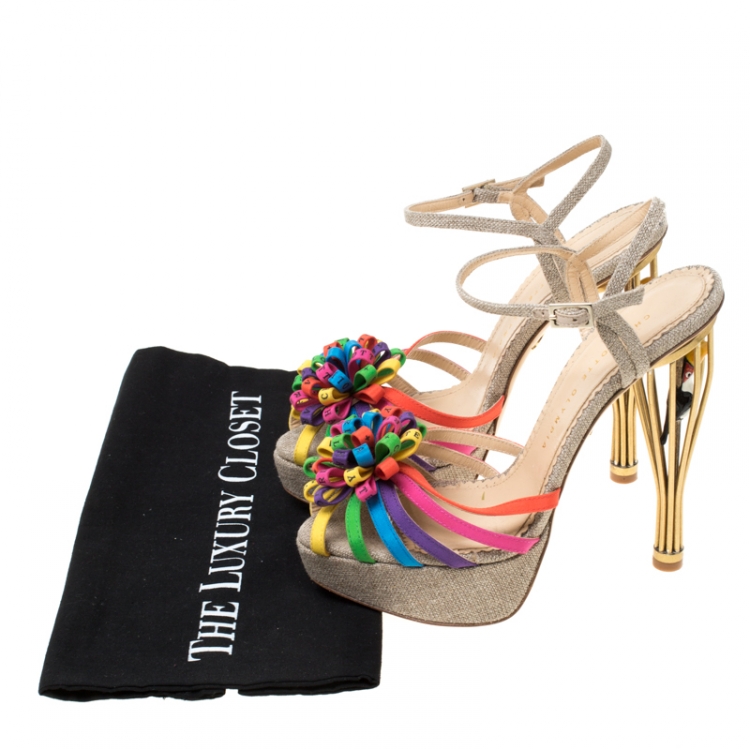 Pre Owned Charlotte Olympia Multicolor Satin And Jute Birds of Paradise Strappy Platform Sandals Size 38